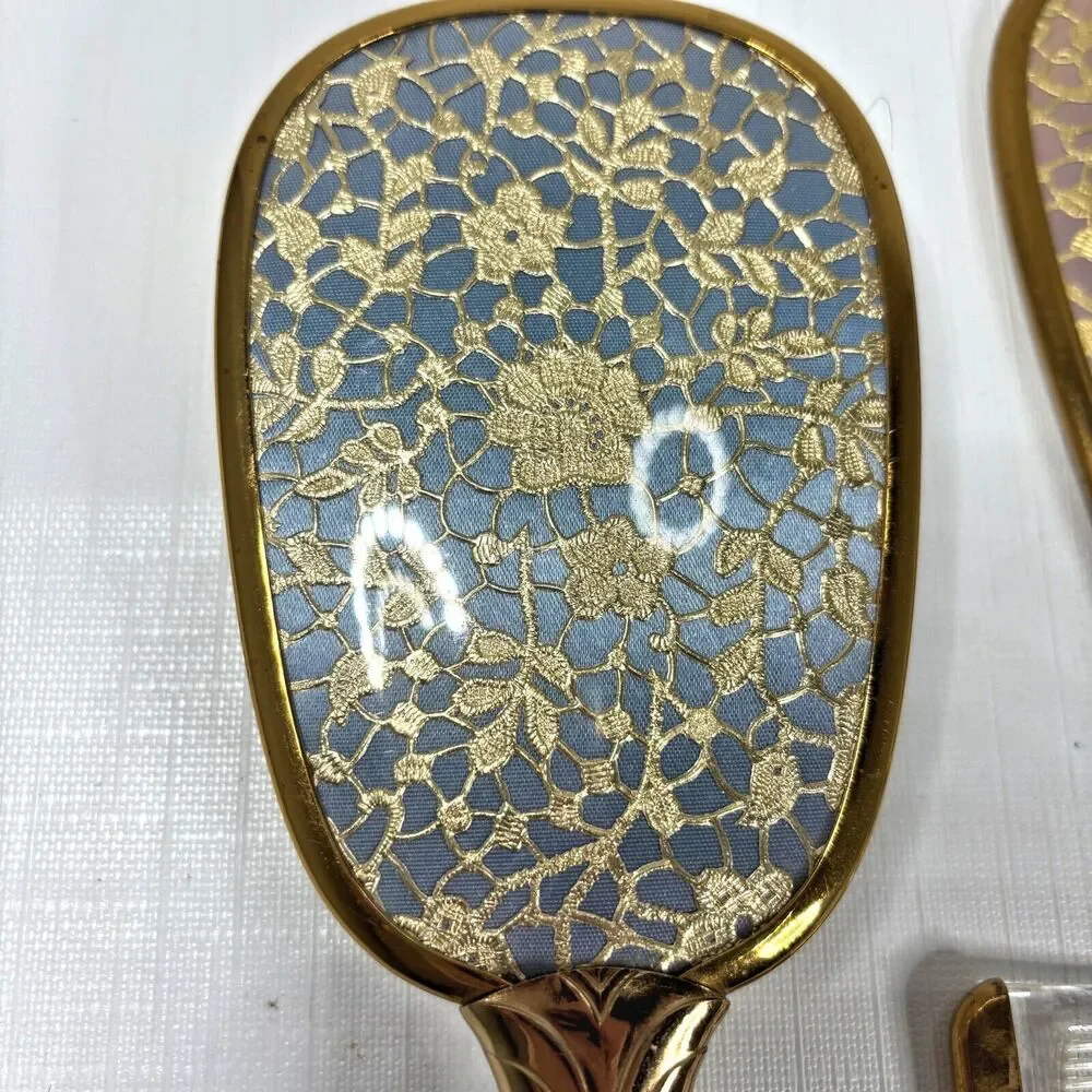 Vanity Gold Lace Dresser Set Hand Mirror Brush Comb Floral 70s Vintage 3 Pcs